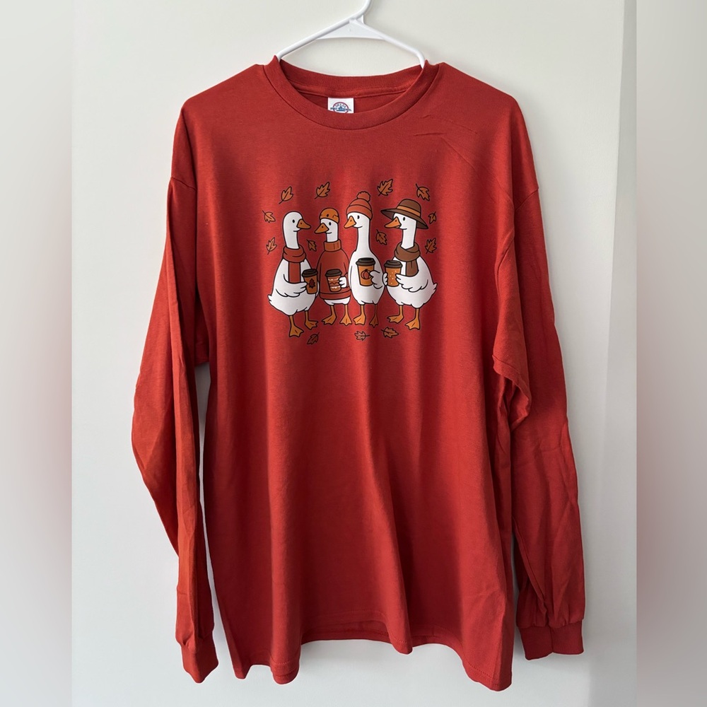 “Fall Coffee Geese” Burnt Orange Long Sleeve Handmade